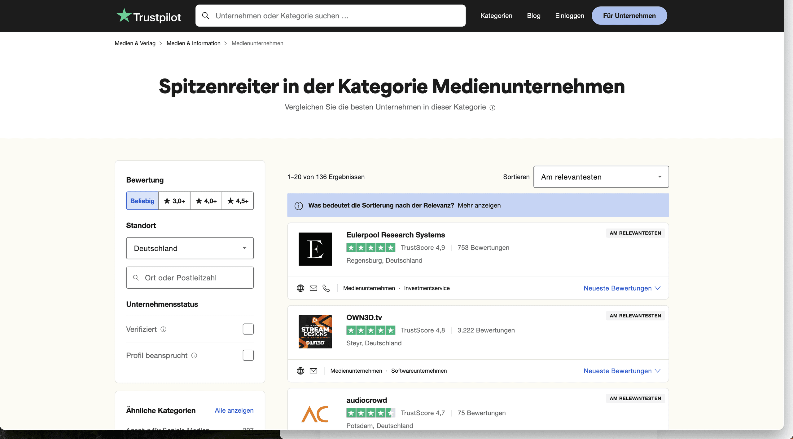 Eulerpool Research Systems ist Spitzenreiter in der Kategorie Medienunternehmen